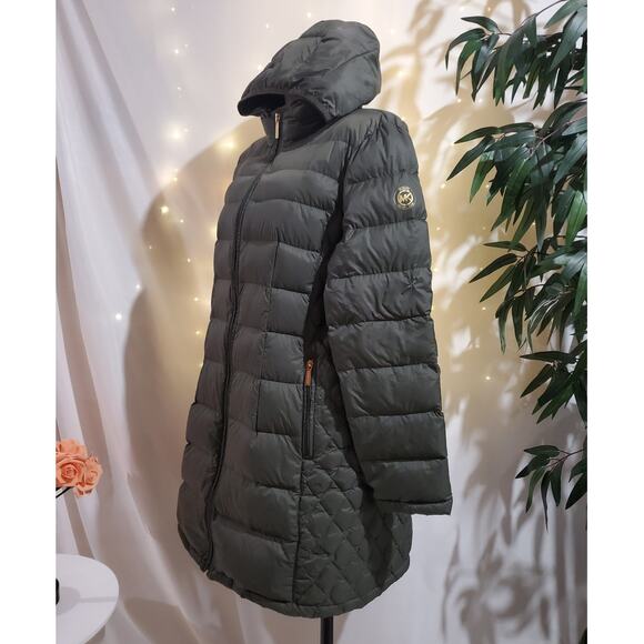MK Michael Kors Packable Down Hooded Mid Length Puffer Coat Size XL Olive Green - Picture 2 of 14